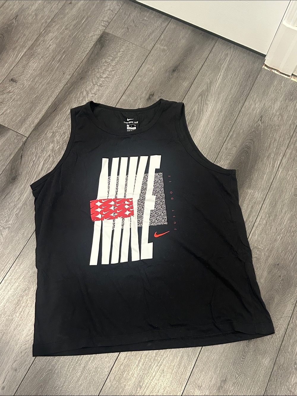 Nike Black Tank with White Block Logo and Red Accents